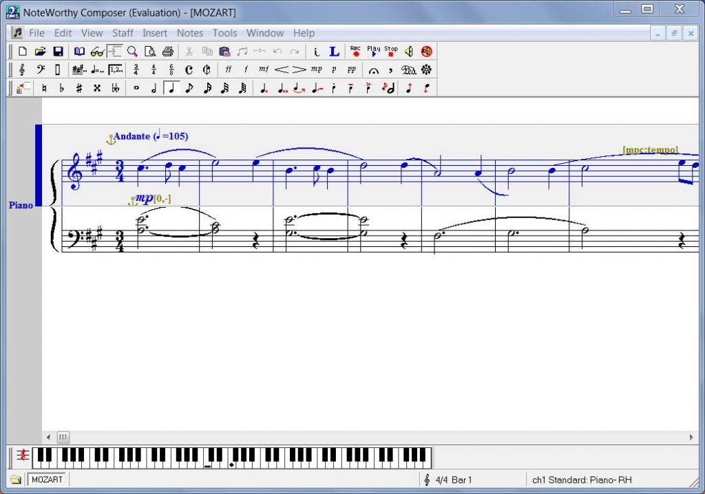 NoteWorthy Composer image: The main screen features the toolbar above your score and a keyboard at the bottom.