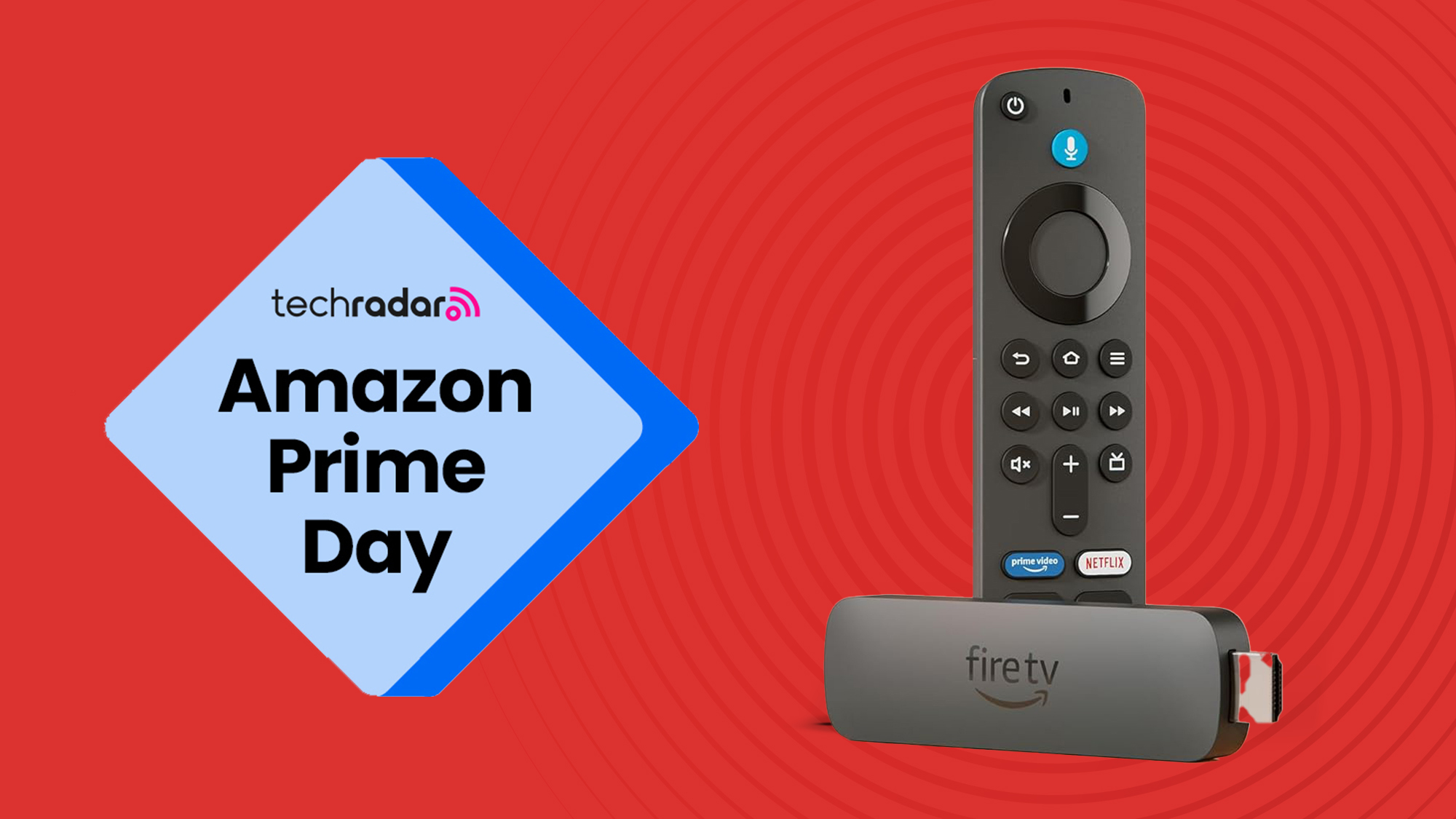 Amazon Fire TV stick on a red background with a Prime Day badge