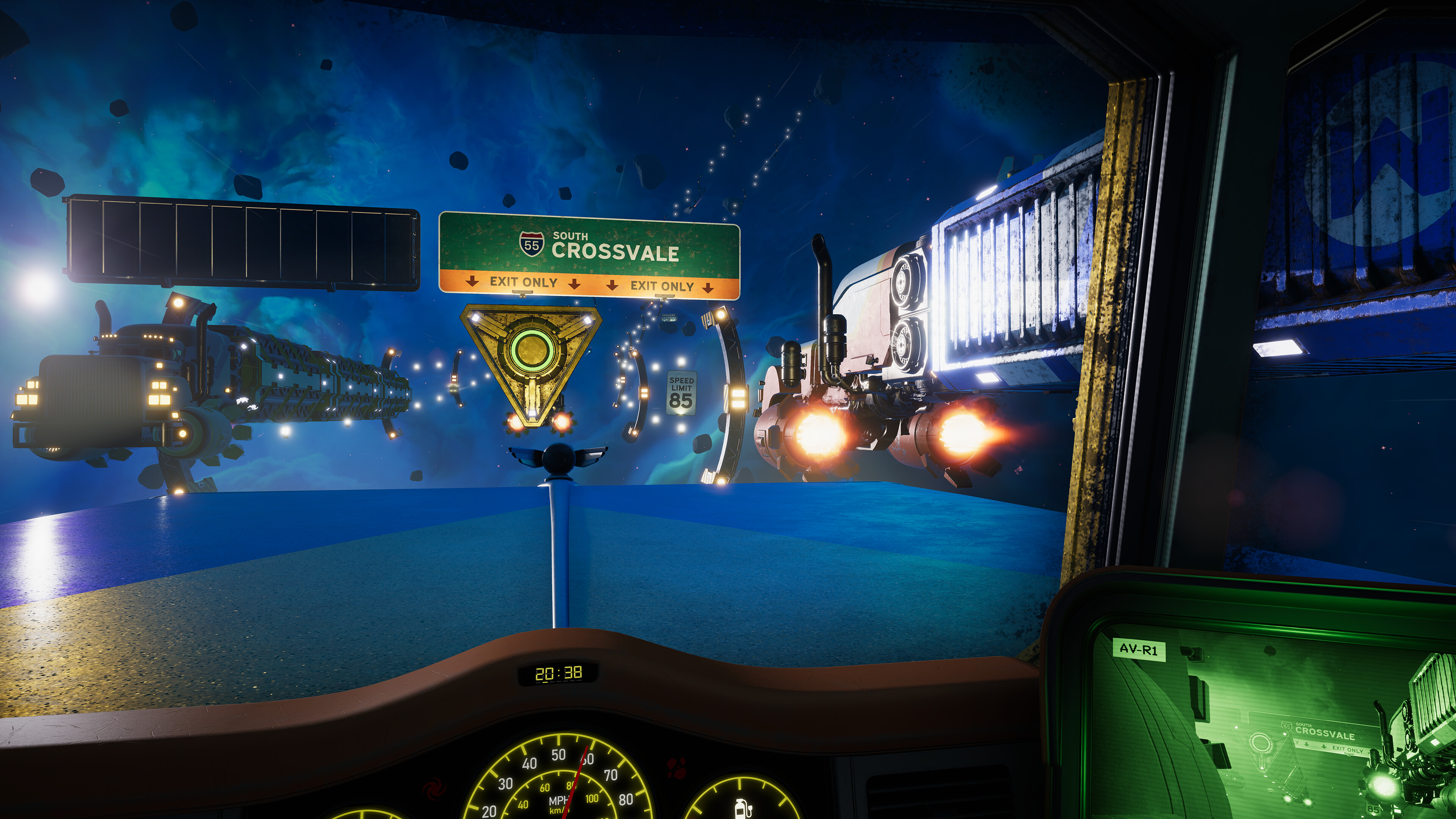 Promotional screenshot of a player in a traffic jam in Star Trucker.