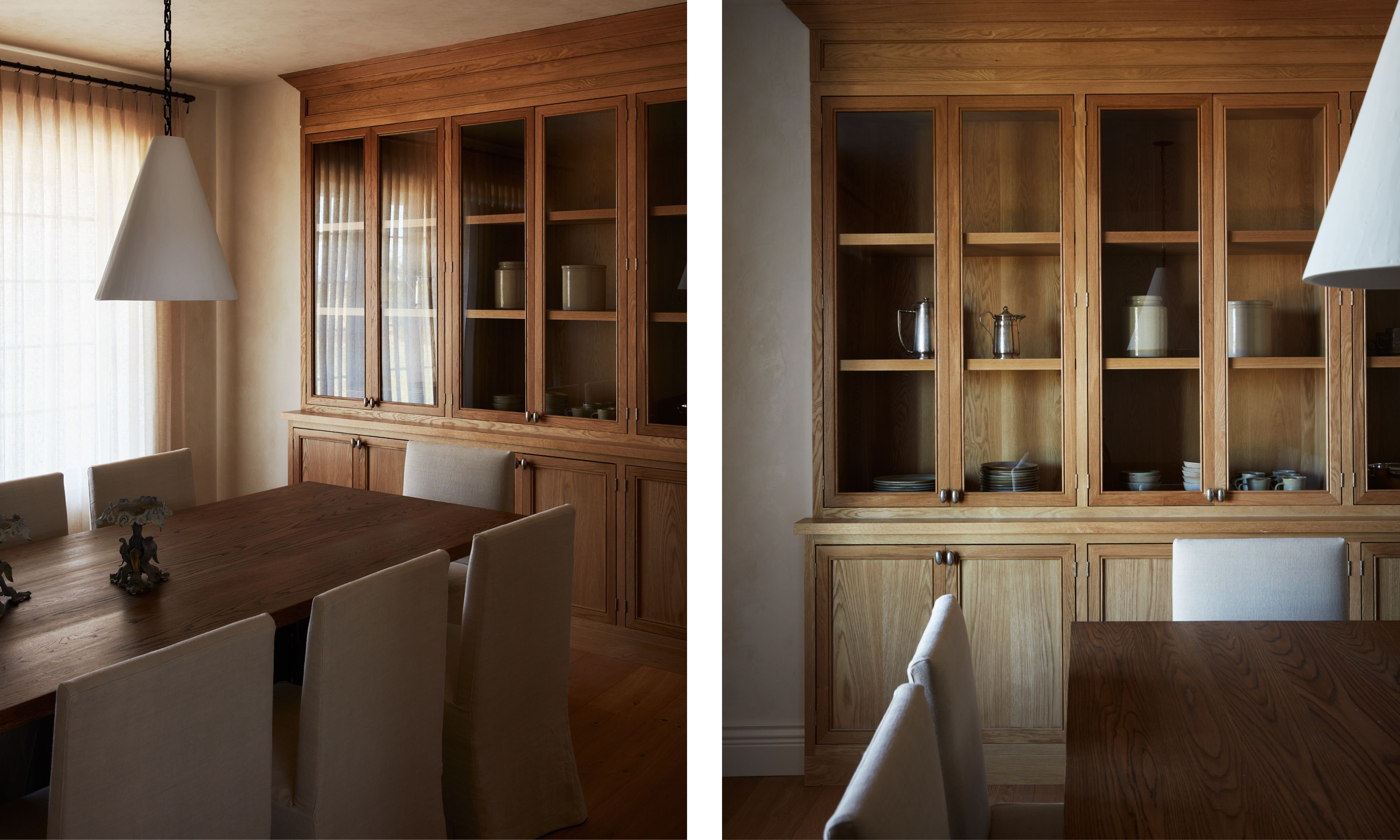 two shots next to each other of the same dining room from different angles, showing a farmhouse table and wood joinery