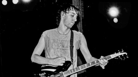 Peter Buck performing live onstage at the Palladium, in New York City, June 22, 1984.