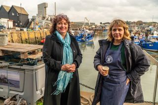 Whitstable Peal authour Julie Wassmer with Kerry Godliman during a break in filming.