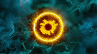 Ideogram image depicting a bright yellow sun-like object surrounded by swirling myst
