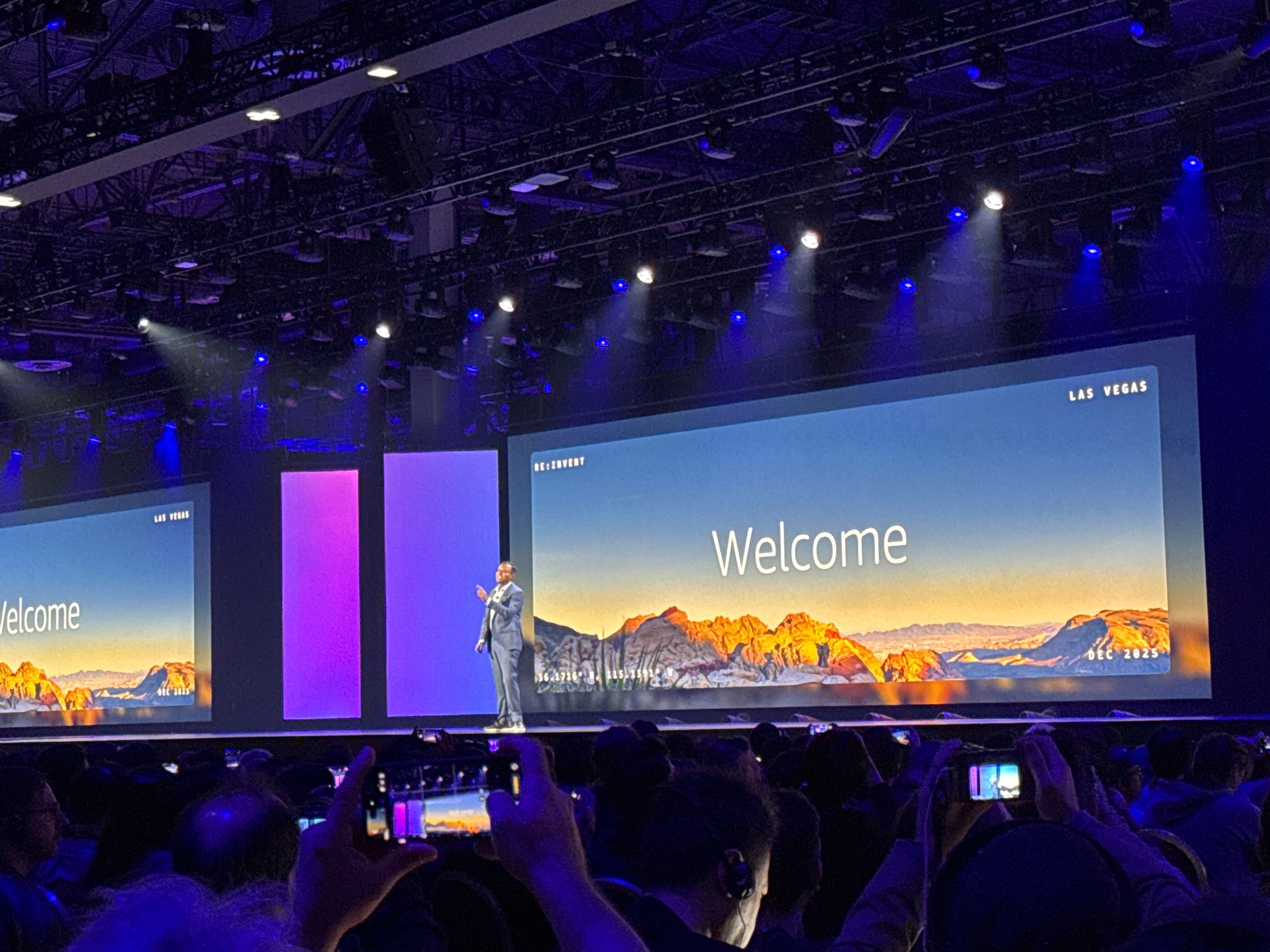 Dr Swami Sivasubramanian, VP of agentic AI at AWS, pictured on stage during his keynote presentation at AWS re:Invent.