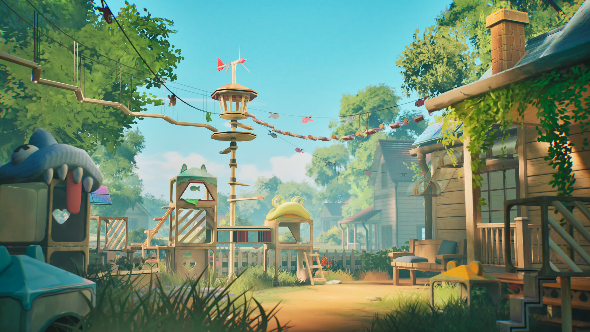 A garden full of cat toys.