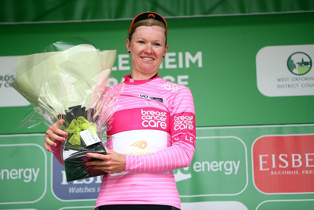 Jolien D'hoore (Boels-Dolmans) wears the pink Breast Cancer Care points jersey