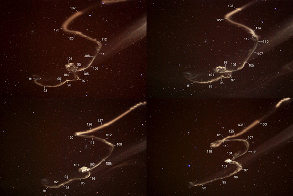 Photographs of four trimethyl aluminum (TMA) trails released from rockets flown from Poker Flat, Alaska, in February 2009. TMA is chemiluminescent when exposed to oxygen in the atmosphere and can be seen with the naked eye or tracked with cameras. The trails are initially straight but are distorted by the wind shears and turbulence that occur naturally in the atmosphere.