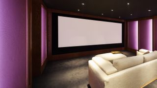 home theater room with beige seating and purple-lit walls