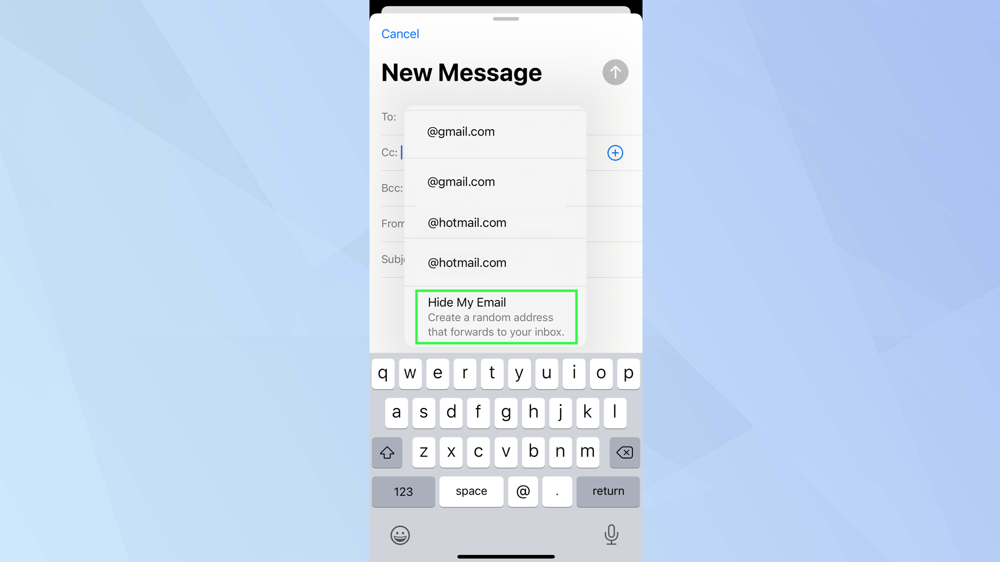 iOS email app new email field with Hide My Email option highlighted