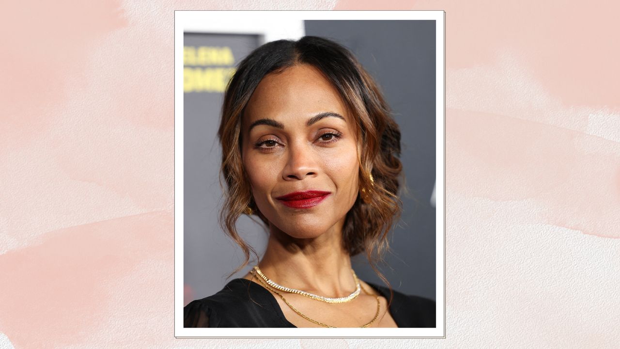 US actress Zoe Saldana is pictured wearing raspberry-red lipstick at the screening of &quot;Emilia Perez&quot; on opening night of The American French Film Festival (TAFFF) at the Directors Guild of America (DGA) in Los Angeles, October 29, 2024/ in a pink watercolour paint-style template