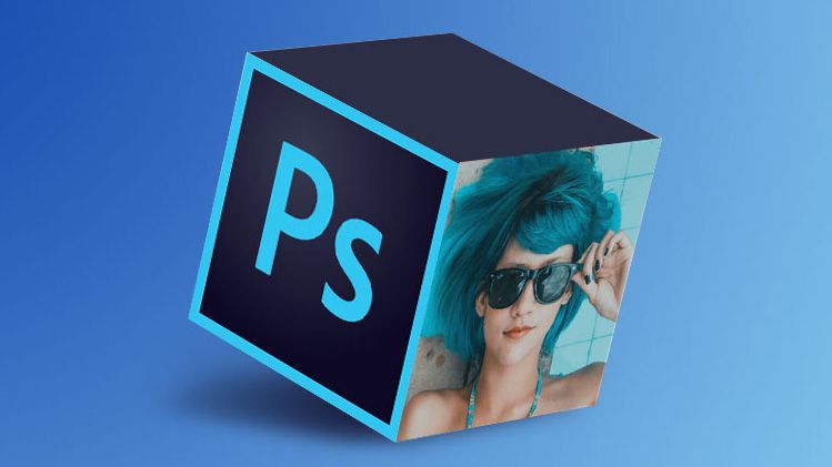 A cube with the Photoshop logo on one face and a woman wearing shades on another