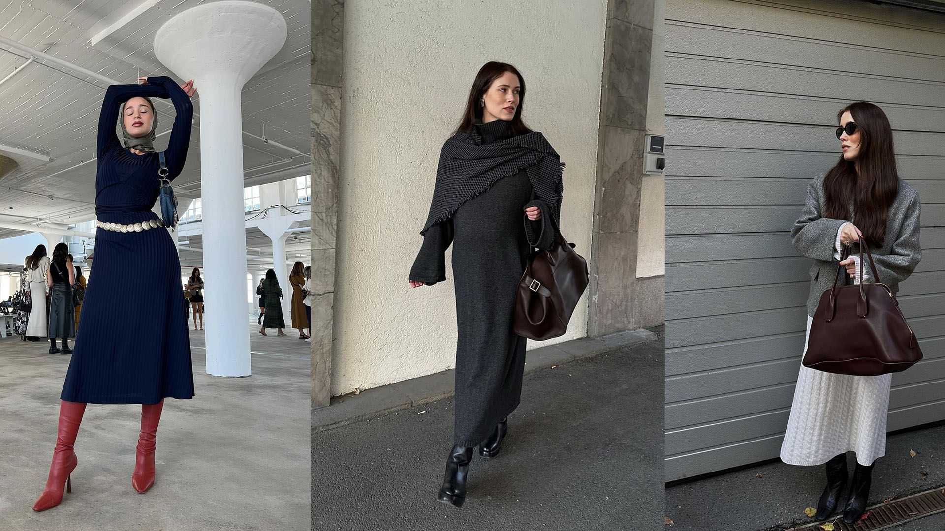 Women wearing knit dresses and boots.