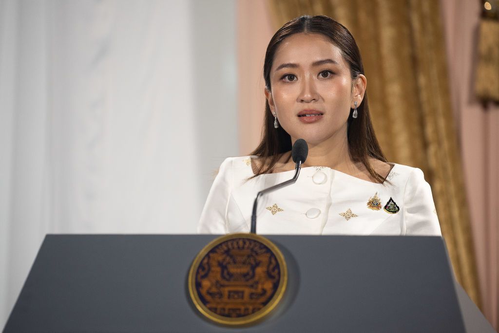 Thailand&#039;s Prime Minister Paetongtarn Shinawatra at the Pheu Thai party headquarters