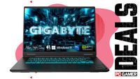 A Gigabyte Gaming A16 Pro gaming laptop on a pink and white background with "deals" text running down the right hand side