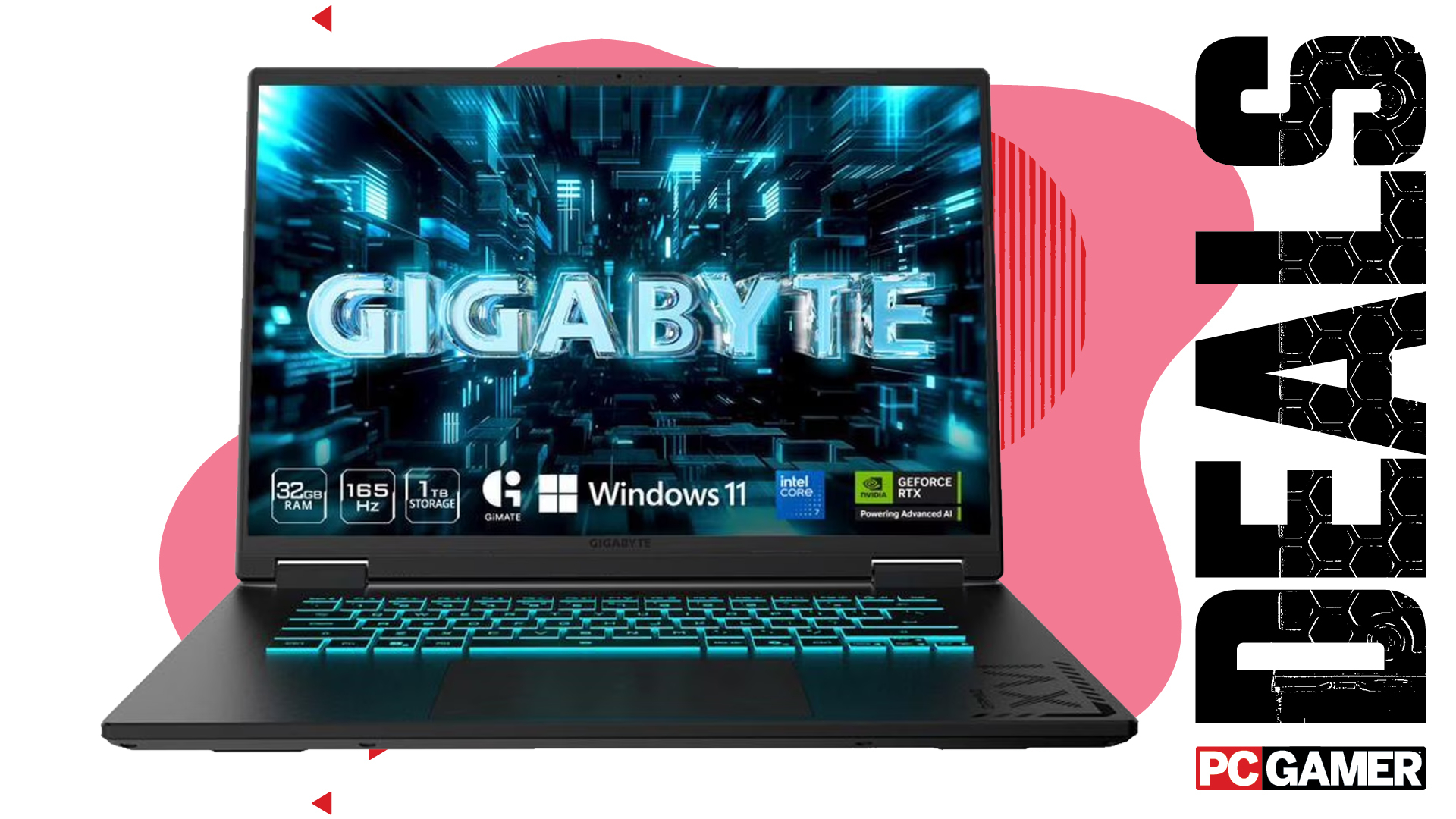 A Gigabyte Gaming A16 Pro gaming laptop on a pink and white background with "deals" text running down the right hand side