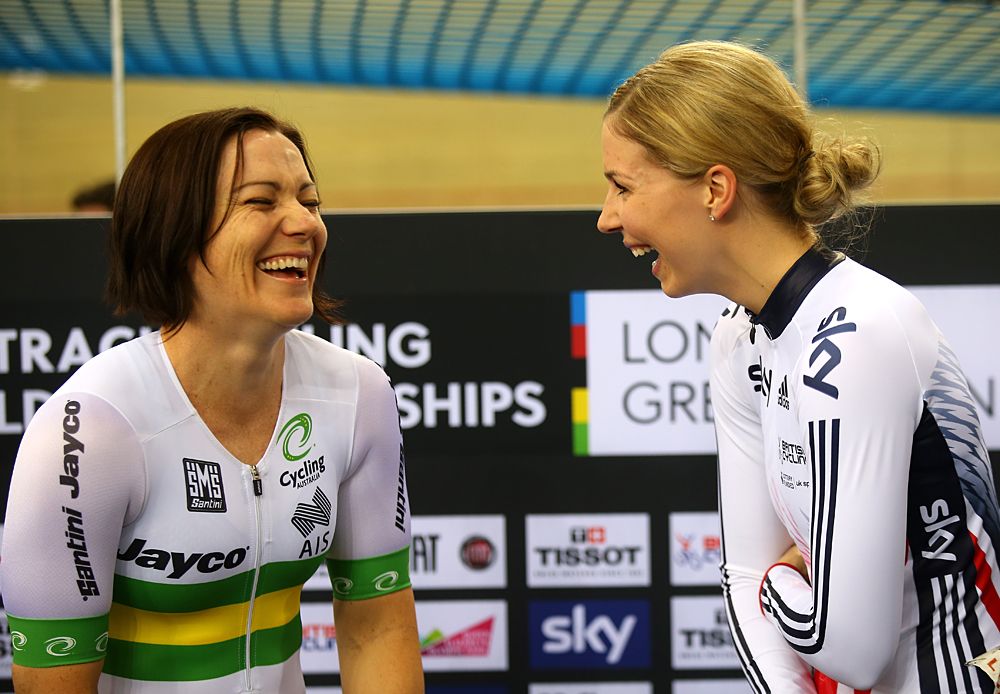 Anna Meares and Becky James have a laugh on the keirin podium