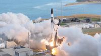 A Rocket Lab Electron rocket launches "The Wisdom God Guides" mission for the Japanese company iQPS from New Zealand on Dec. 21, 2025.