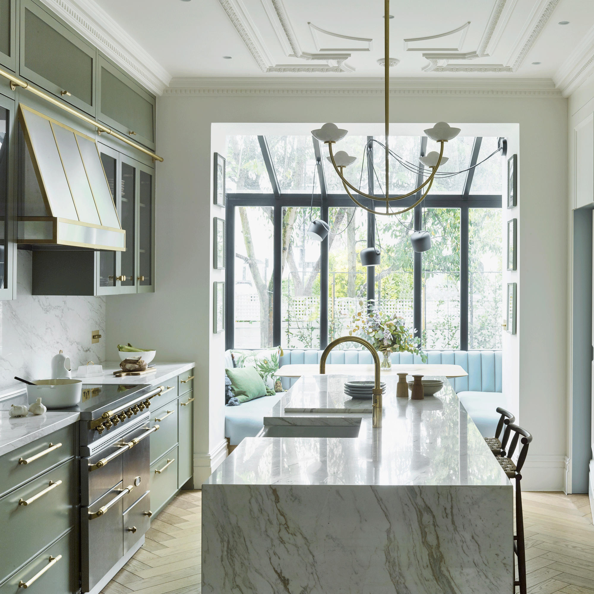Kitchen with white marble island