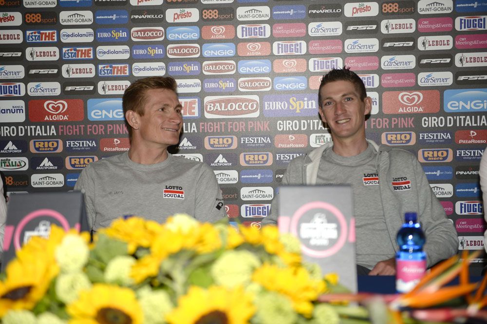 Andre Greipel and Jurgen Van Den Broeck at the Lotto-Soudal press conference