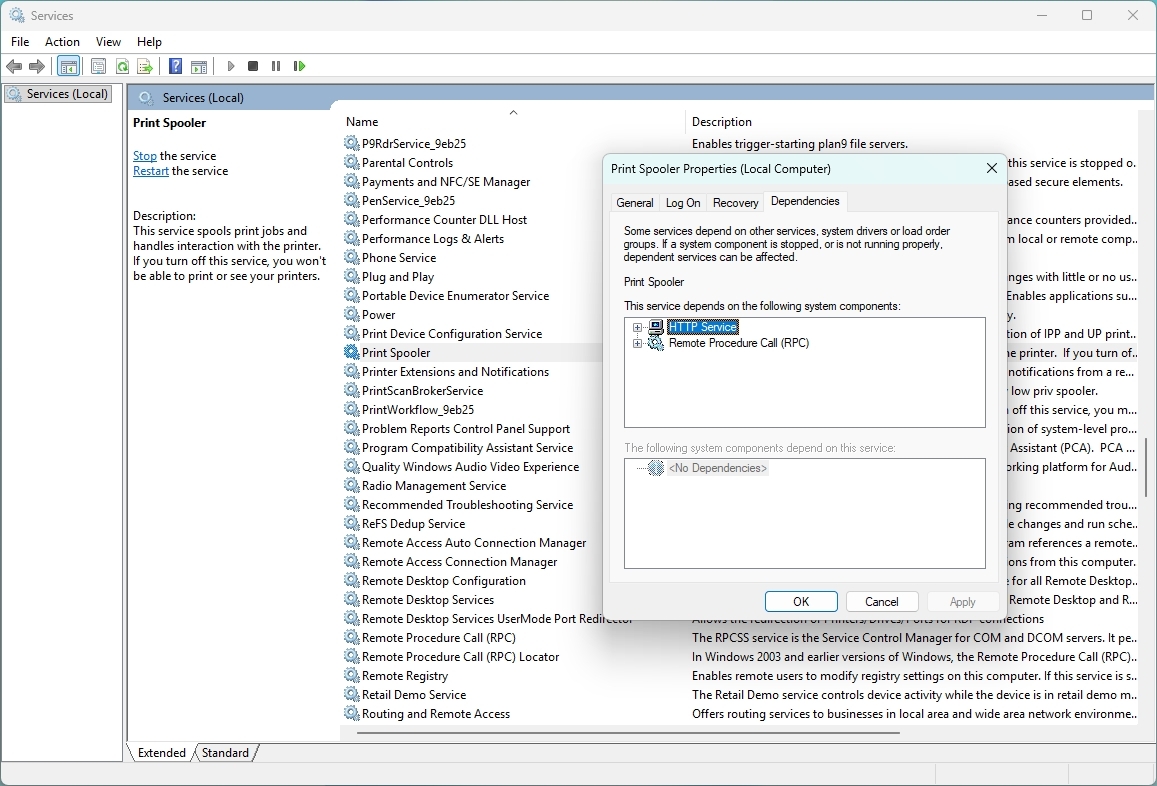 Windows 11 legacy Services console with service opened in the Dependencies tab.