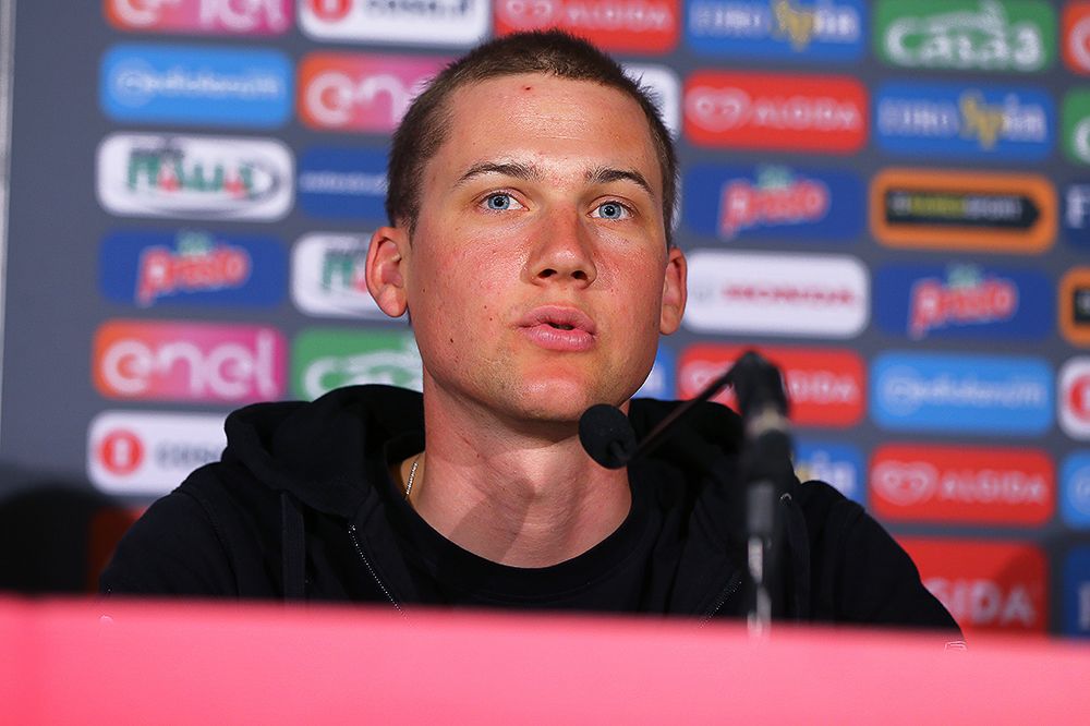 Tim Wellens answers a question at the press conference.