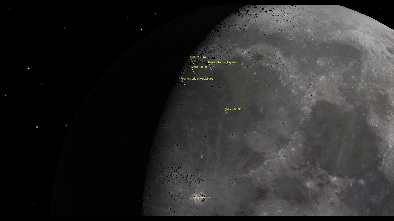 A map of the moon's surface with several features highlighted