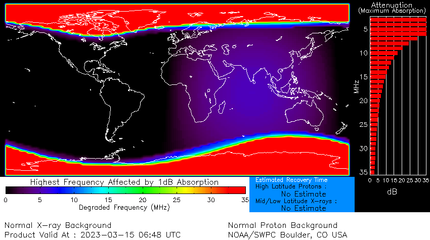a map showing the effects of a geomagnetic storm on March 15.
