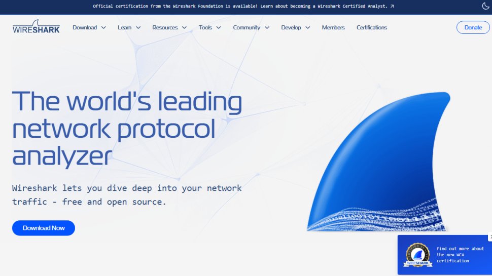 Website screenshot of Wireshark (July, 2025)