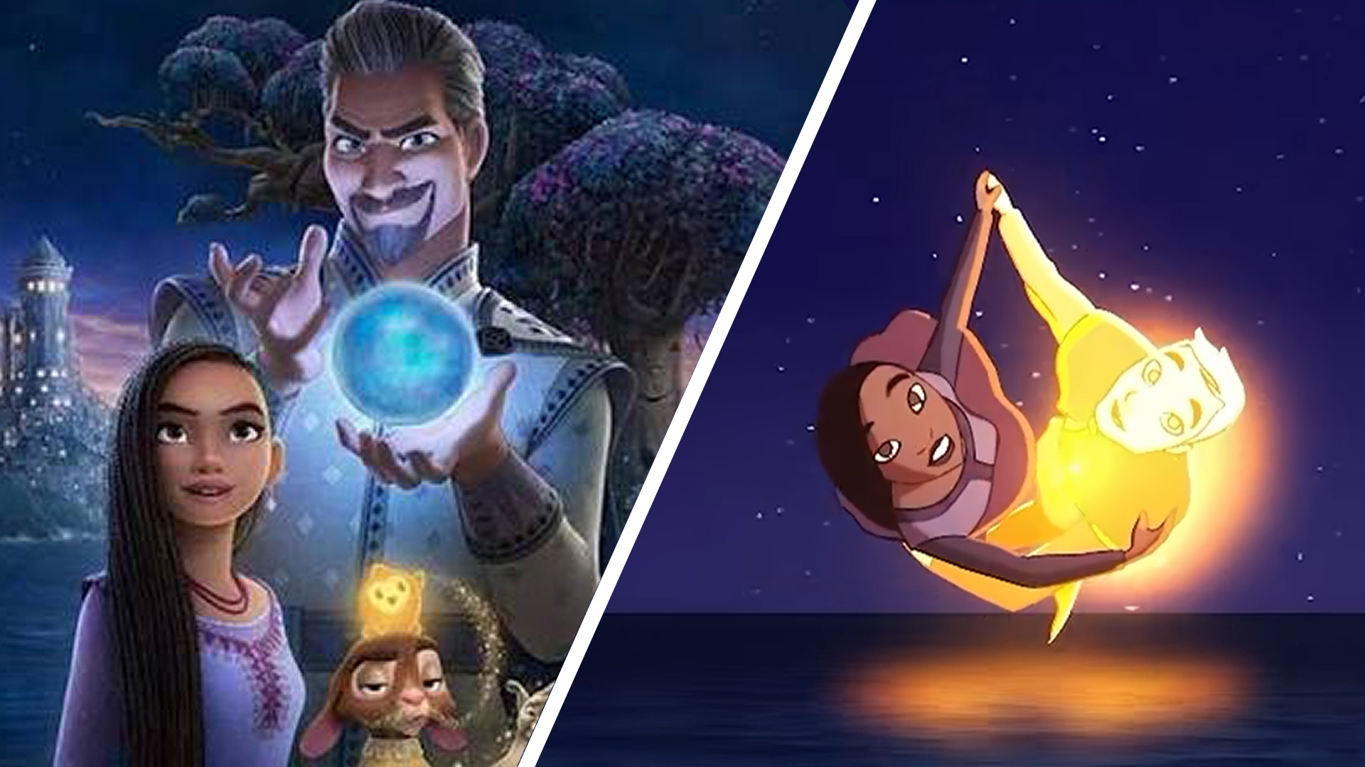 Disney wish poster and image from the trailer of Asha and The Star Boy