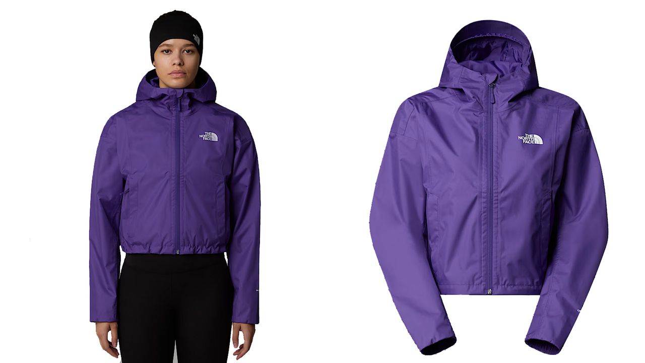 Composite image of a model wearing a cropped jacket from The North Face and the jacket