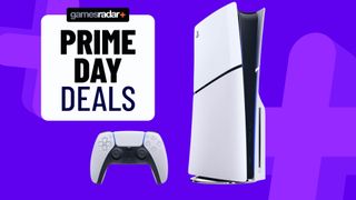 A PS5 Slim and DualSense controller on a purple background next to a Prime Day deals stamp