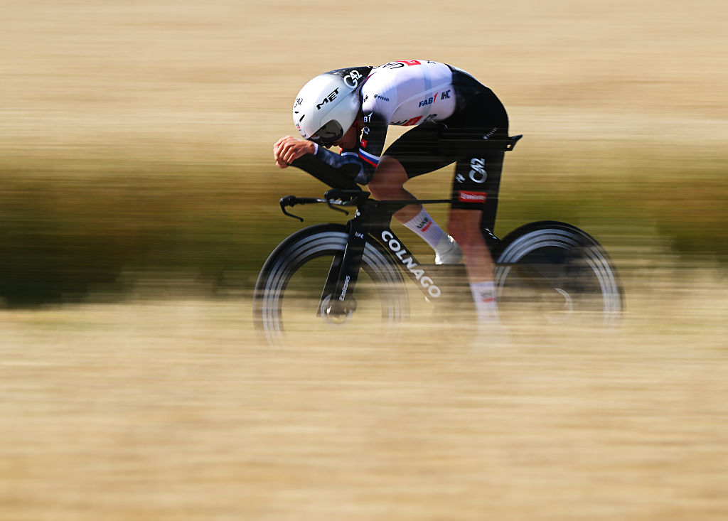 Tadej Pogačar during a time trial in 2025