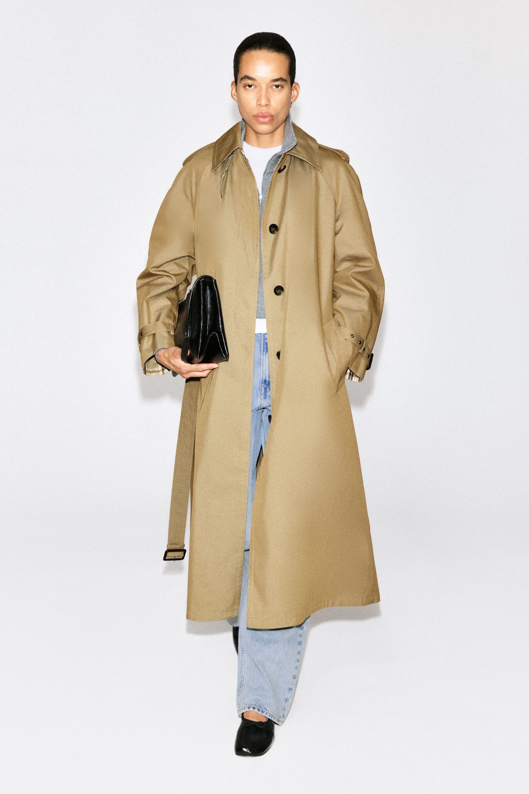 Check-Detail Belted Cotton Trench Coat