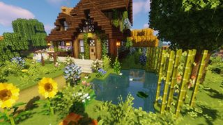 Minecraft cottage - a cottage nestled next to a small pond