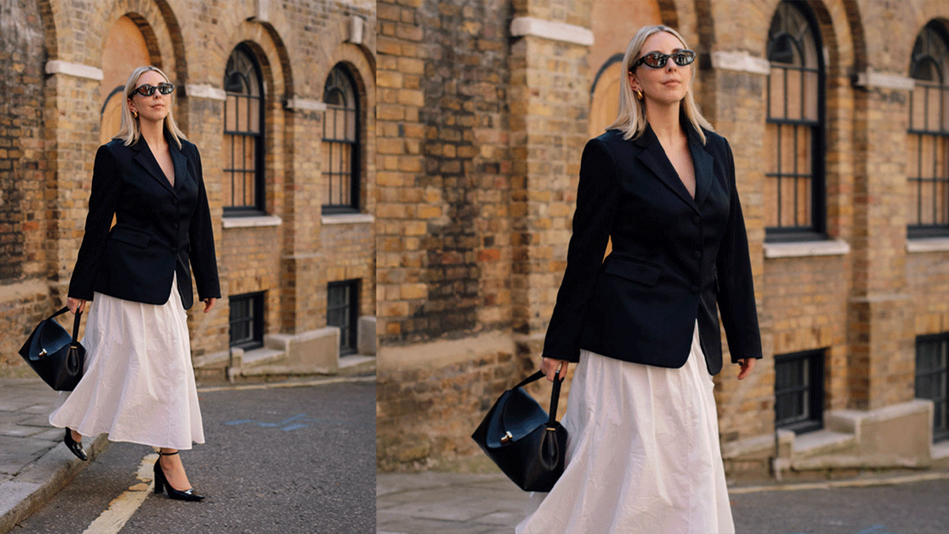 Woman wears white skirt, black blazer, black heels, and a black handbag while posing for photos.