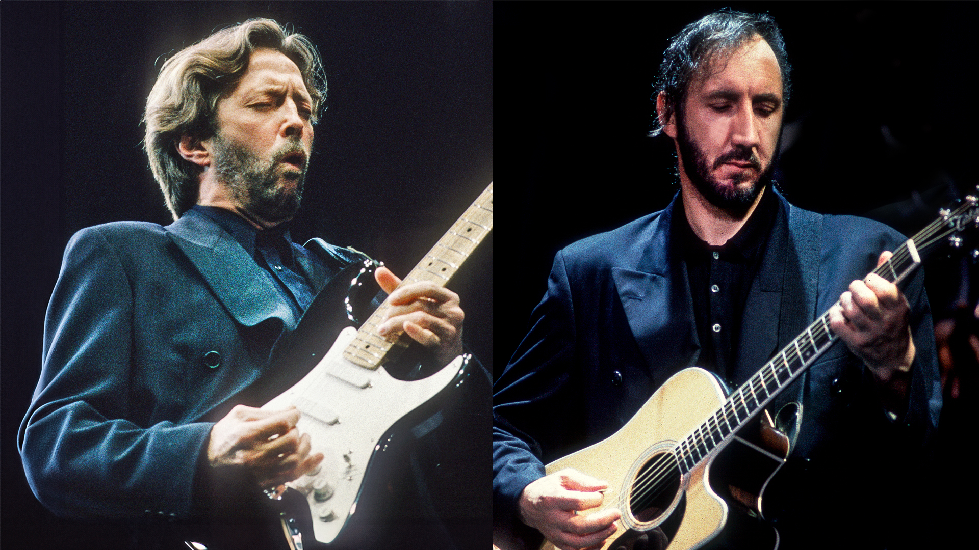 LEFT: Eric Clapton, Flanders Expo, Gent, Belgium, 16 June 1992. RIGHT: Pete Townshend, of the Who, plays guitar at the Alpine Valley Music Theater, East Troy, Wisconsin, July 21-23, 1989. 