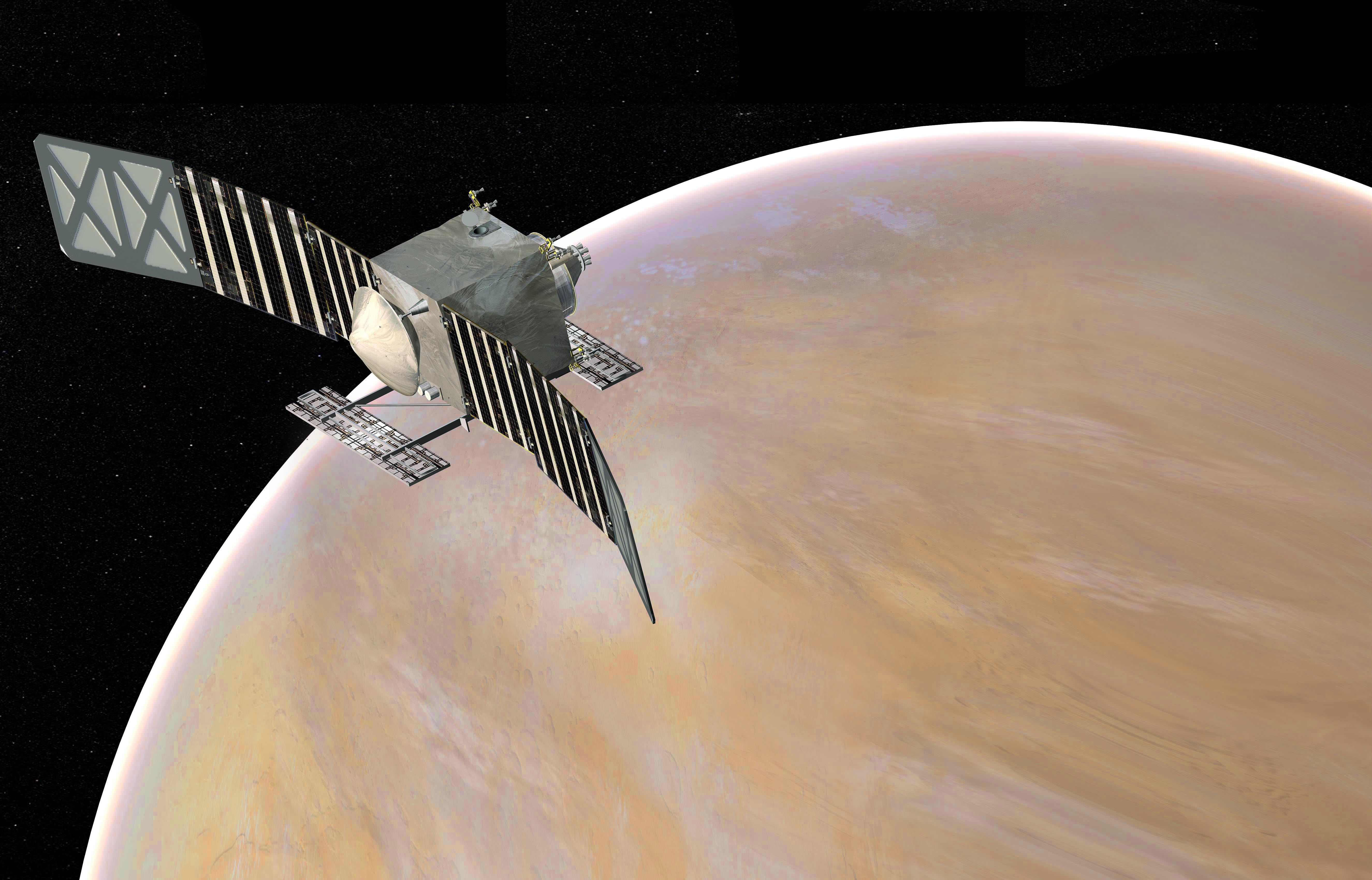 Representación de un artista del concepto de misión VERITAS, diseñado para explorar Venus.