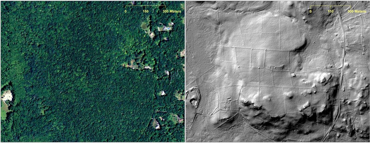 Here, an abandoned farmstead in Preston, Conn., is hidden from view in this aerial photograph and only visible in the LiDAR scan of the area from 2010 (right).