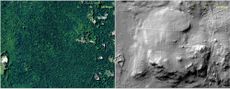 Here, an abandoned farmstead in Preston, Conn., is hidden from view in this aerial photograph and only visible in the LiDAR scan of the area from 2010 (right).