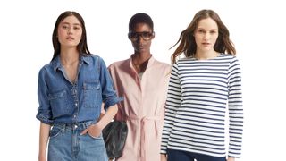 Three women wearing different items for a spring capsule wardrobe