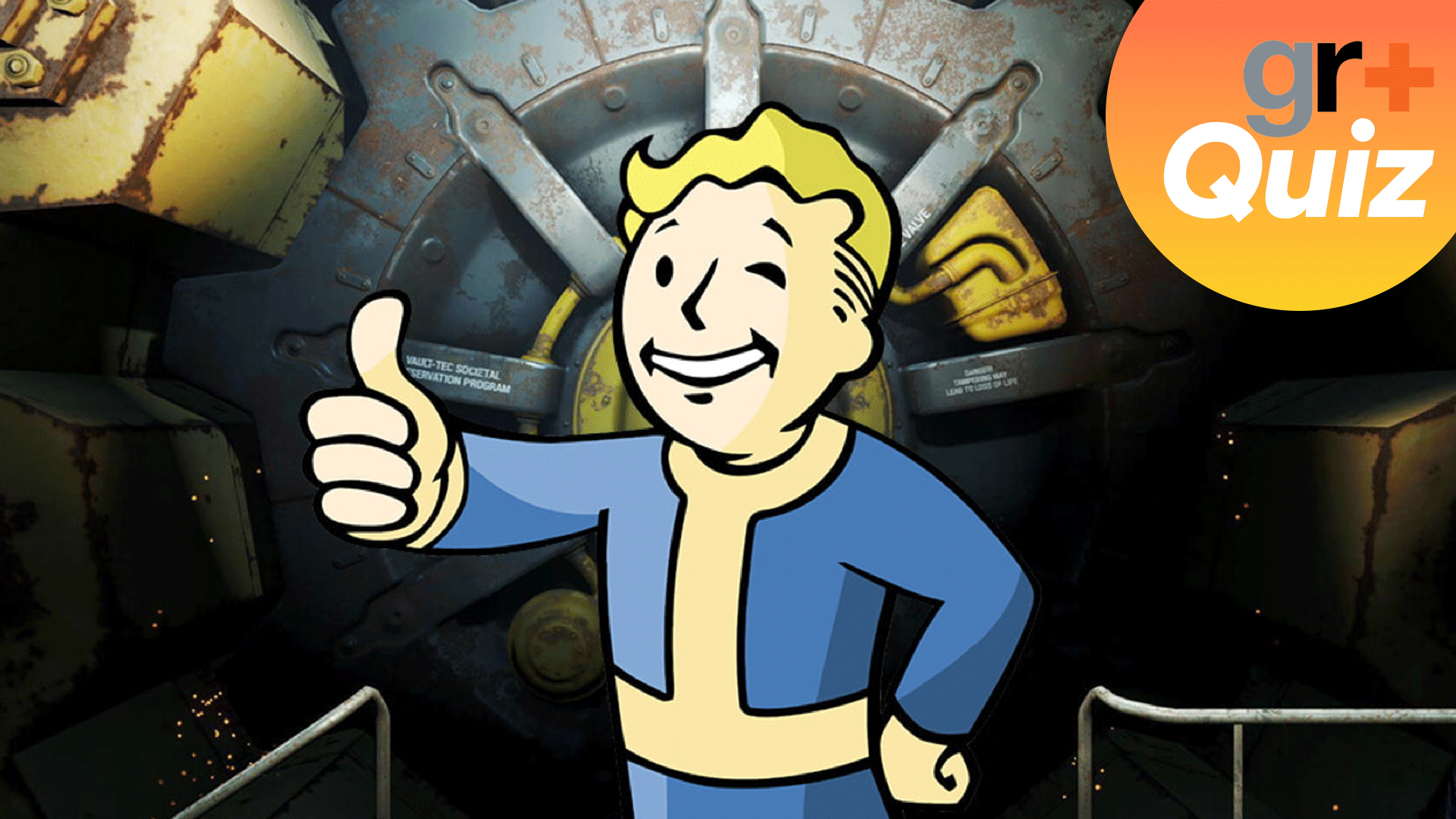 The Vault Boy giving a thumbs up against a Vault door from the Fallout series, with the GamesRadar+ quiz logo in the top right corner