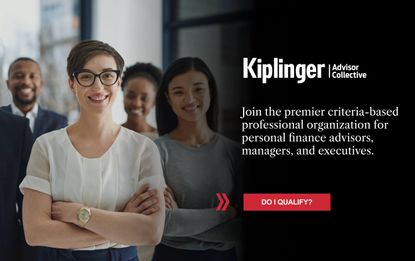 Business people stand with a sign for the Kiplinger Advisor Collective.