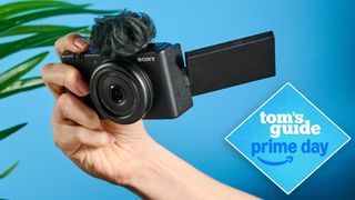 A black Sony ZV-1F vlogging camera