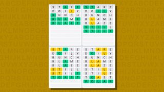 Quordle daily sequence answers for game 773 on a yellow background