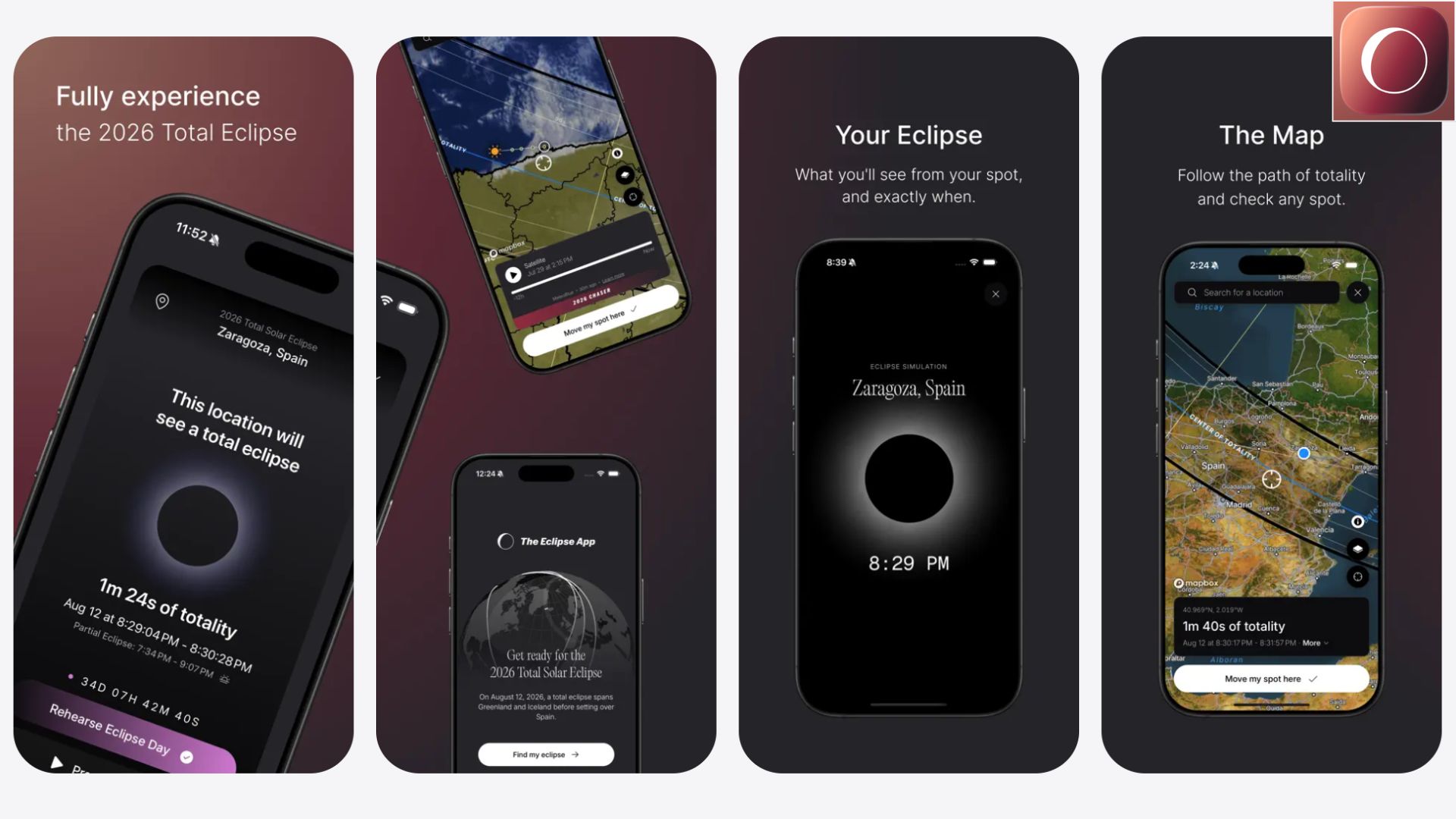 Four smartphone screenshots for eclipse apps are shown side by side against a white background.