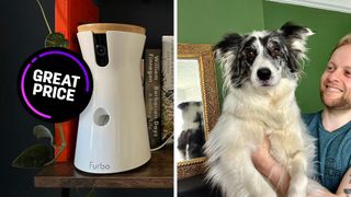 Furbo 360 Dog Camera next to image of Mike Harris holding his dog 