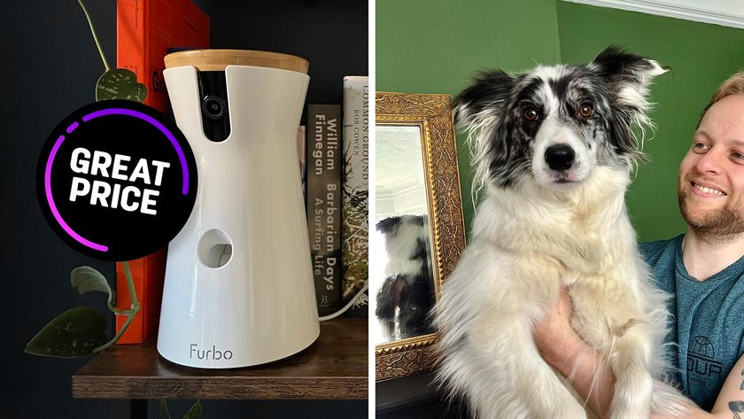 Furbo 360 Dog Camera next to image of Mike Harris holding his dog 