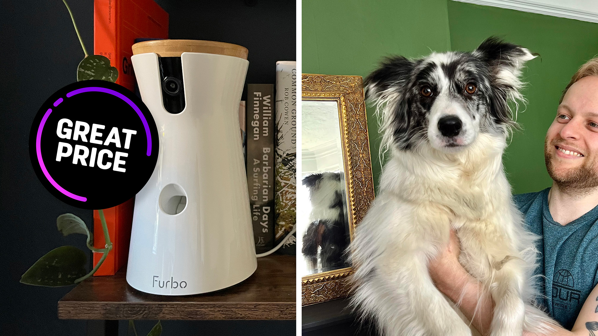 Furbo 360 Dog Camera next to image of Mike Harris holding his dog 