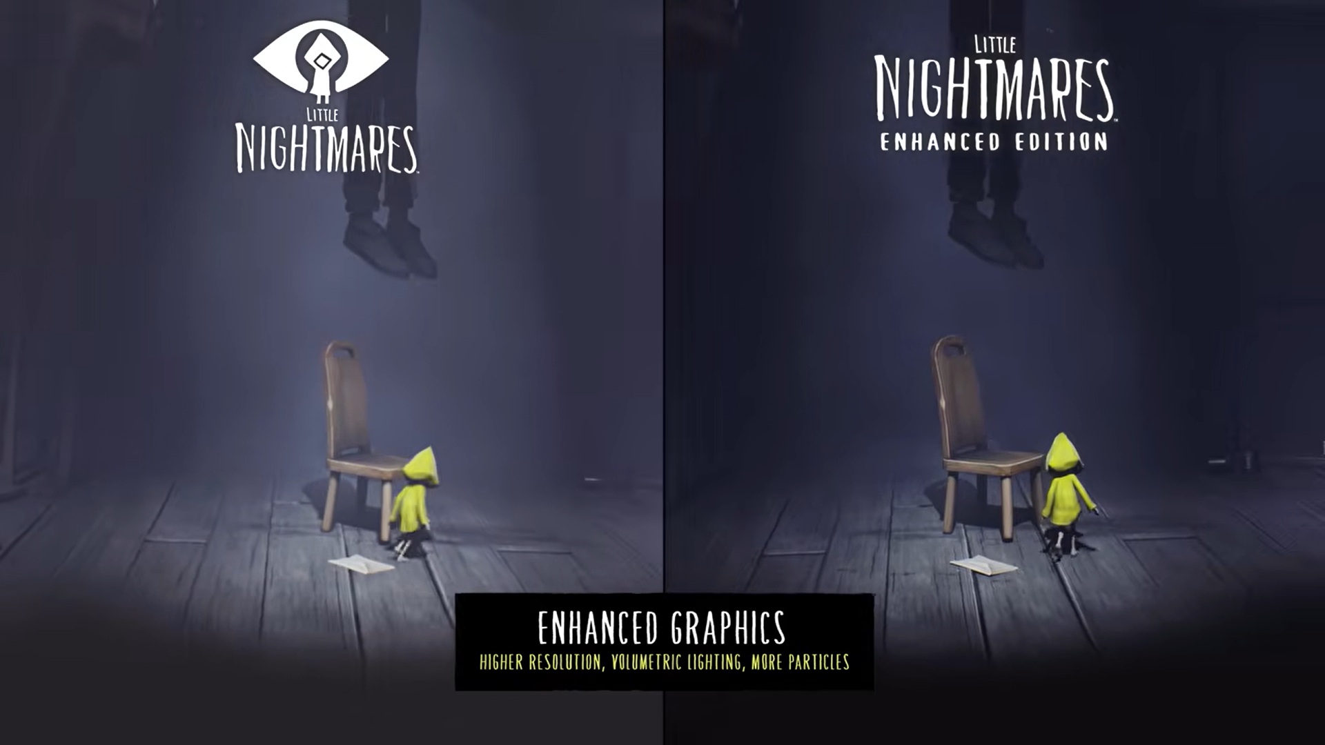 Little Nightmares Enhanced Edition screenshot showing visual improvements comparative to the original version of the game, with Six, who wears a yellow raincoat, walking around a big wooden chair