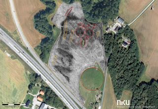 An overview of the Norway site shows where scientists have found a Viking cemetery with at least eight burial mounds (red), one of which holds the remains of the Viking ship. Five longhouses (orange) were also found near the cemetery.